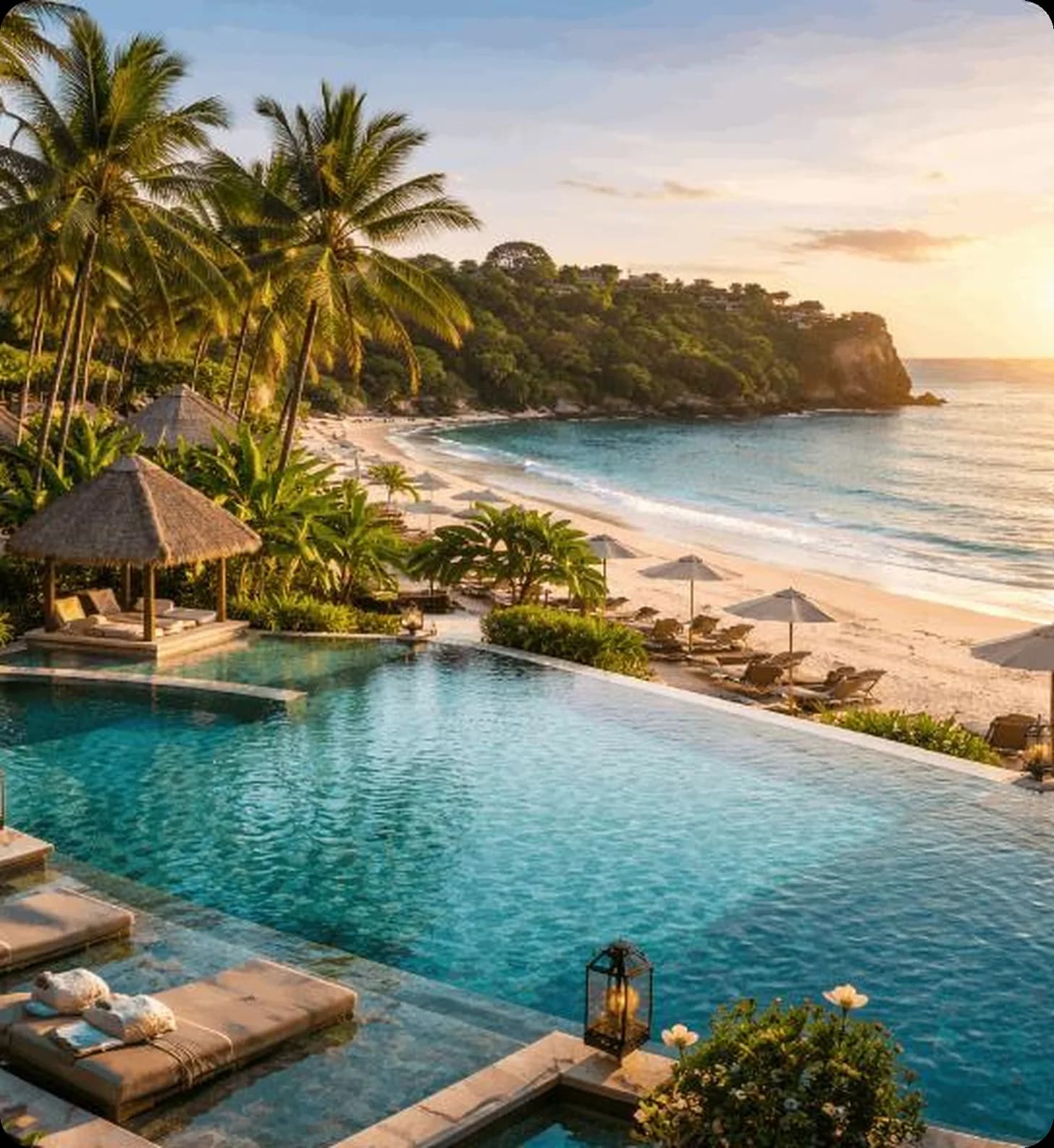 Luxury resort infinity pool overlooking a tropical ocean beachfront at golden hour sunset