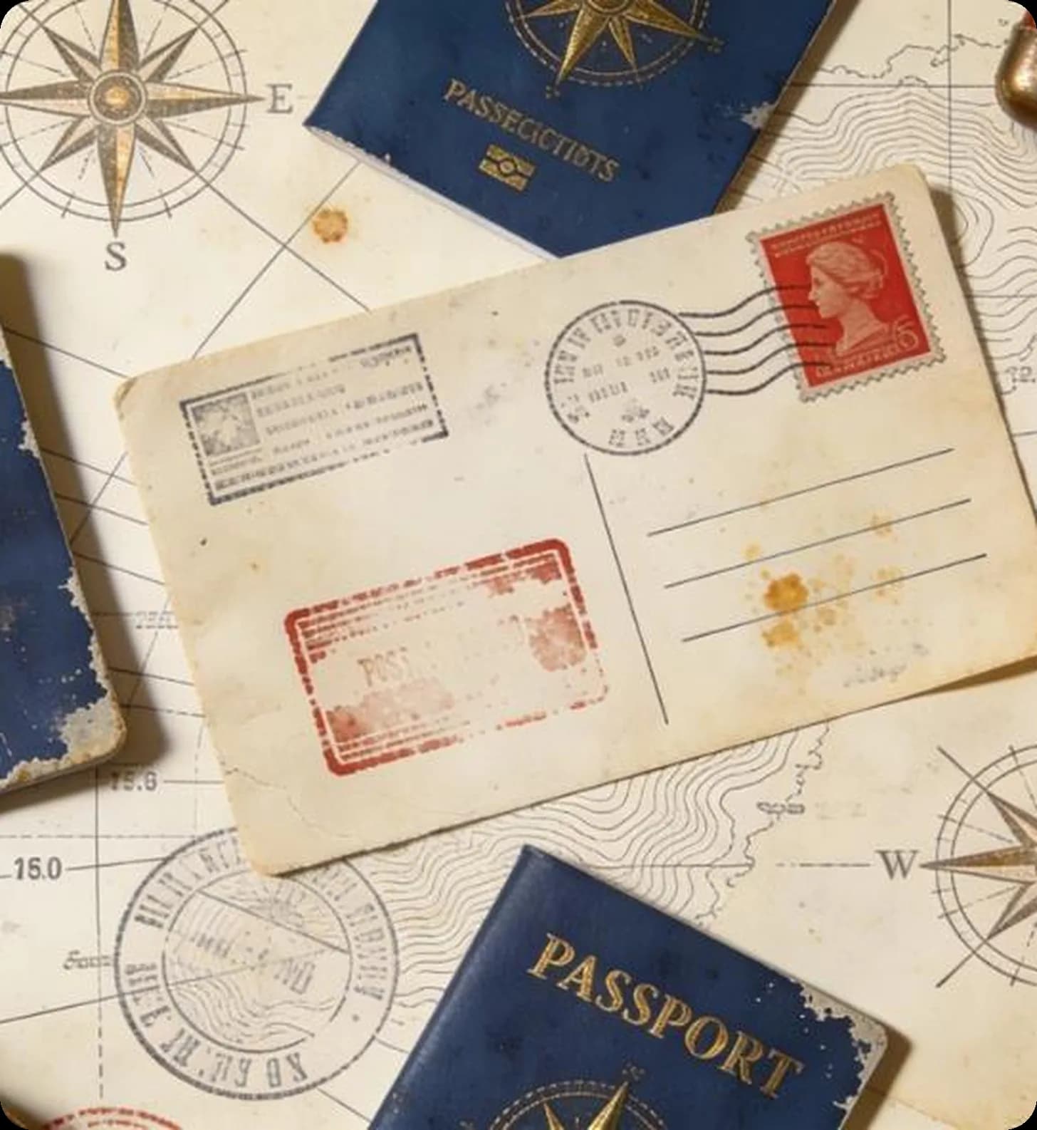 International passports, travel visas, documents, and vintage world map prepared for departure